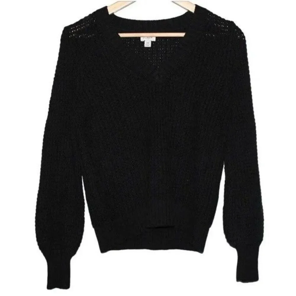 J.Crew Black Waffle Chunky Knit Sweater Balloon Sleeve Casual Small S Preppy